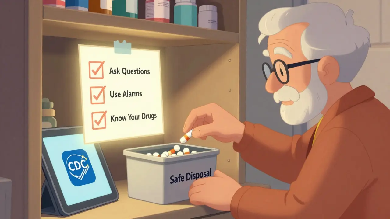 Elderly person disposing of expired meds in a safe drop-box with a safety checklist.