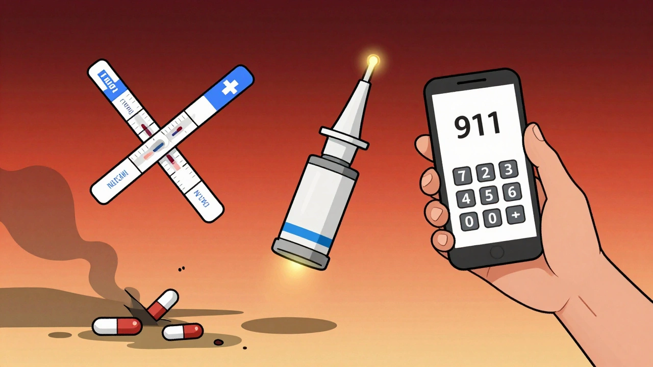 Fentanyl test strips, Narcan spray, and a phone calling 911 floating in a hopeful sky.