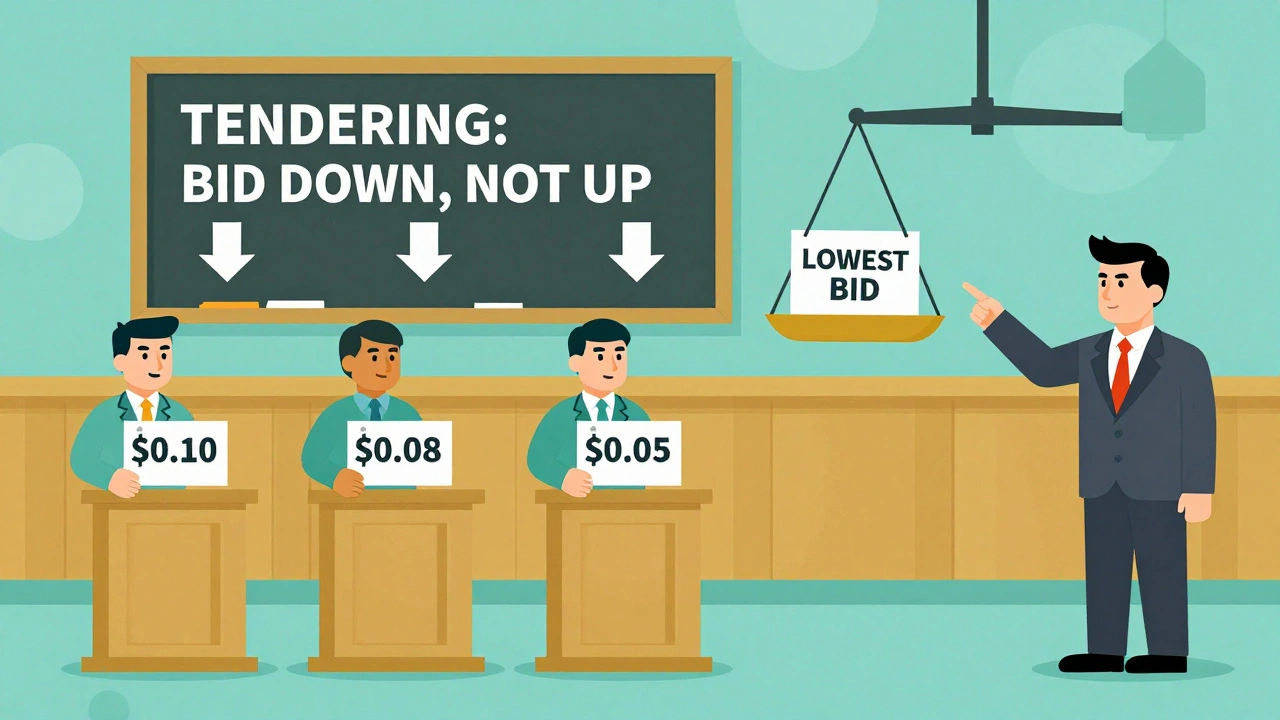 Generic drug makers bid lower prices in a stylized auction, with a scale tipping to the lowest bid.