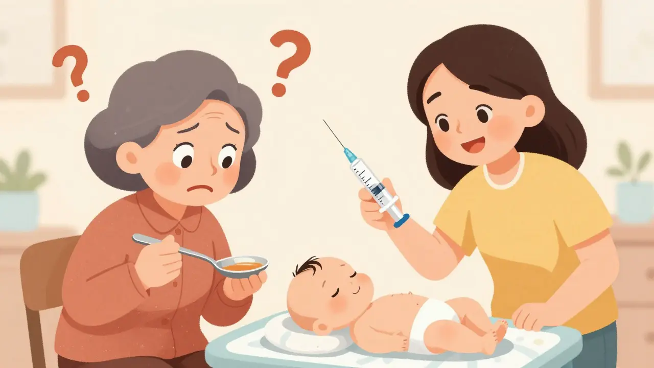Grandmother holding a kitchen spoon with medicine, confused, while a parent correctly uses a syringe.