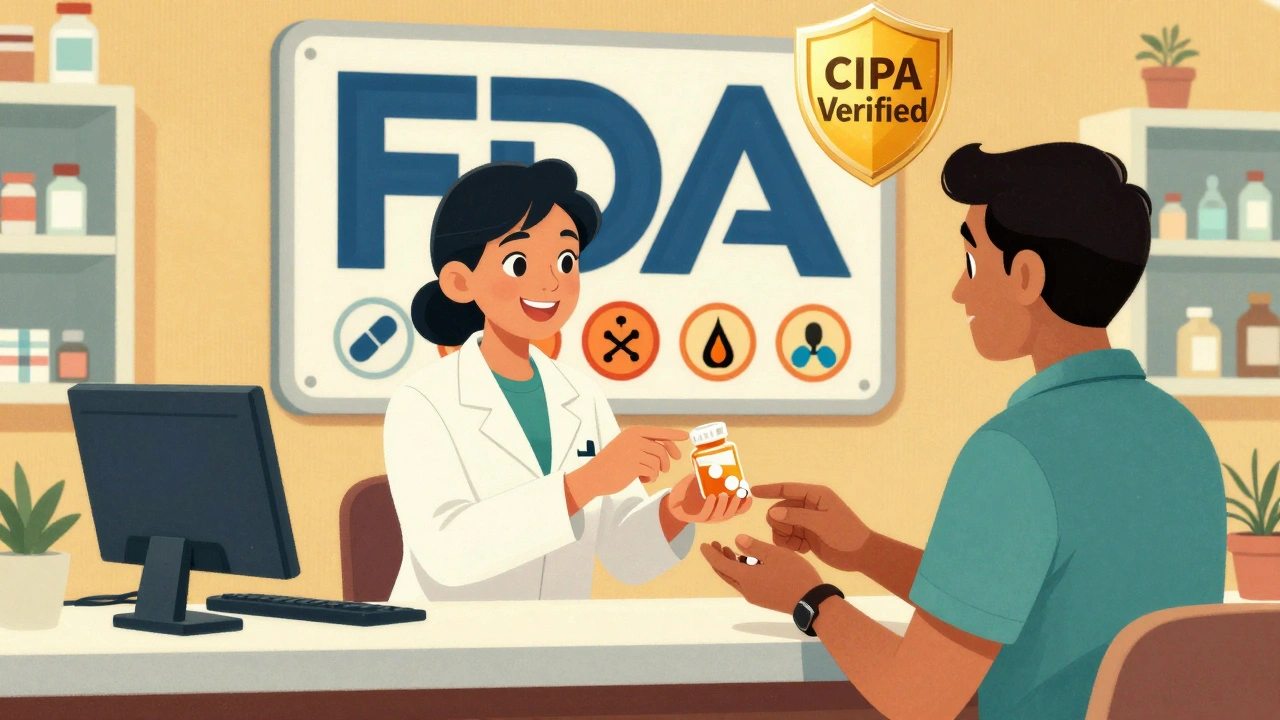 International pharmacy with verified seal and FDA warning in stylized 1950s cartoon illustration.