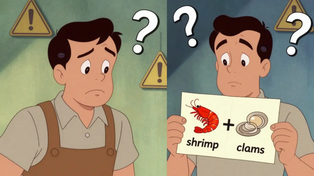 Man comparing old and new seafood labels, seeing shrimp separated from clams with clear icons.