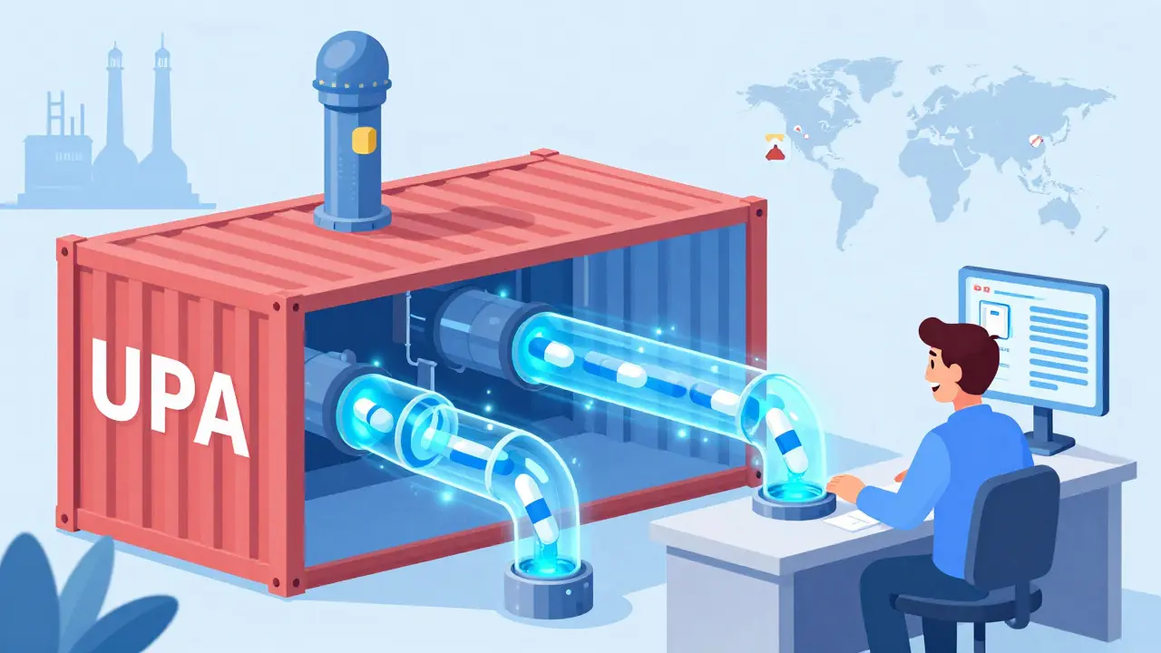 Modular factory with AI dashboard monitoring global medicine supply