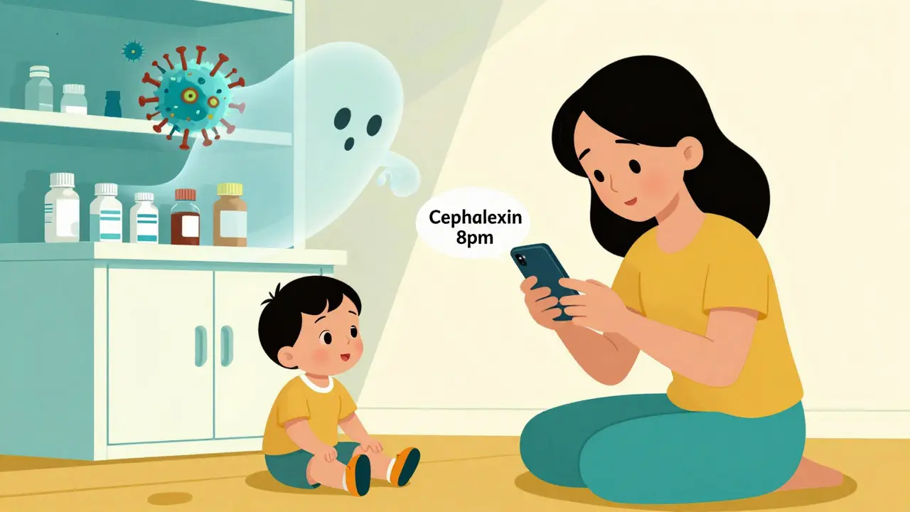 Mother setting phone alarms for antibiotics while a ghostly superbug hovers over a medicine cabinet.