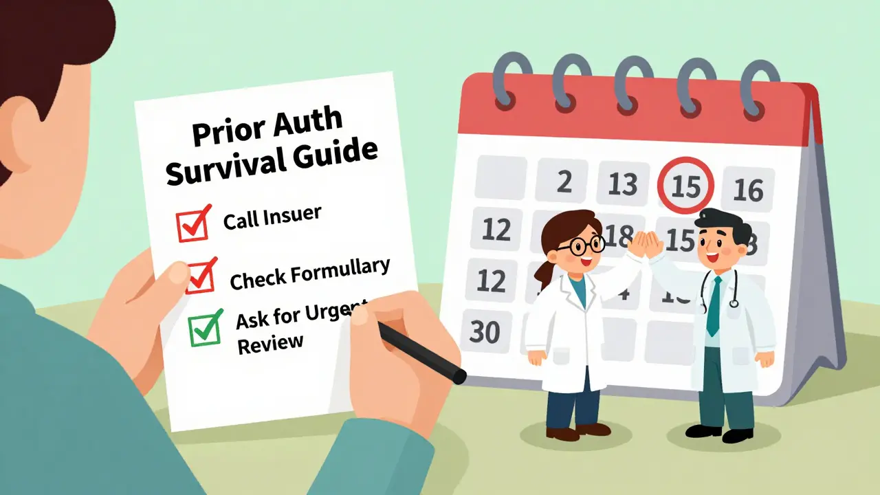 Patient holding survival checklist with doctor and pharmacist celebrating beside calendar