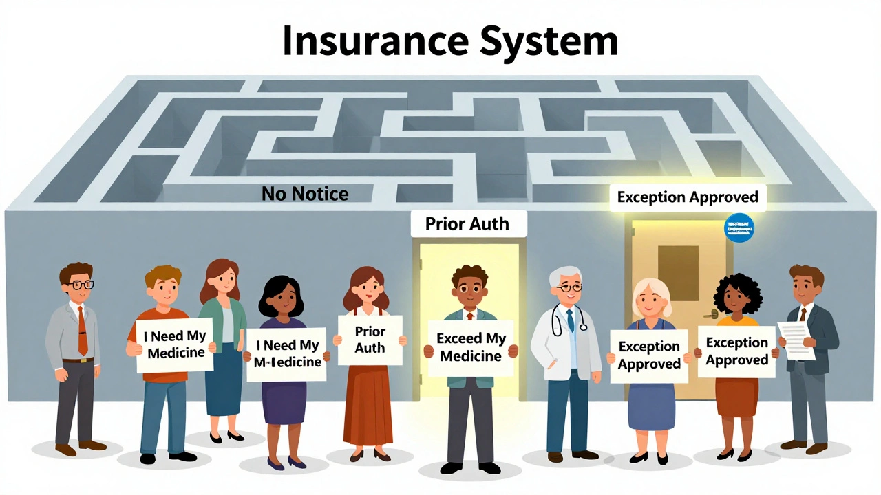 Patients navigate a bureaucratic maze toward an approved exception path, with medical support symbols glowing ahead.
