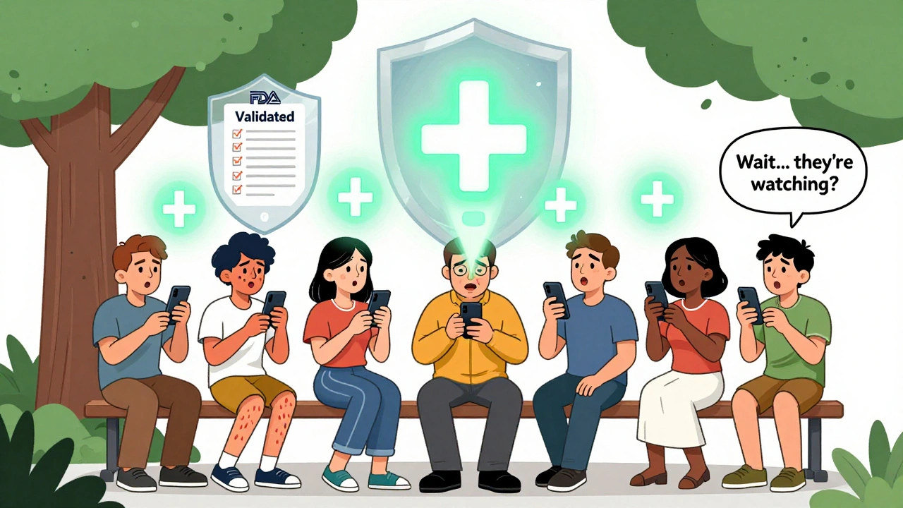 People on bench emitting health warnings into air, forming medical alert symbol above them