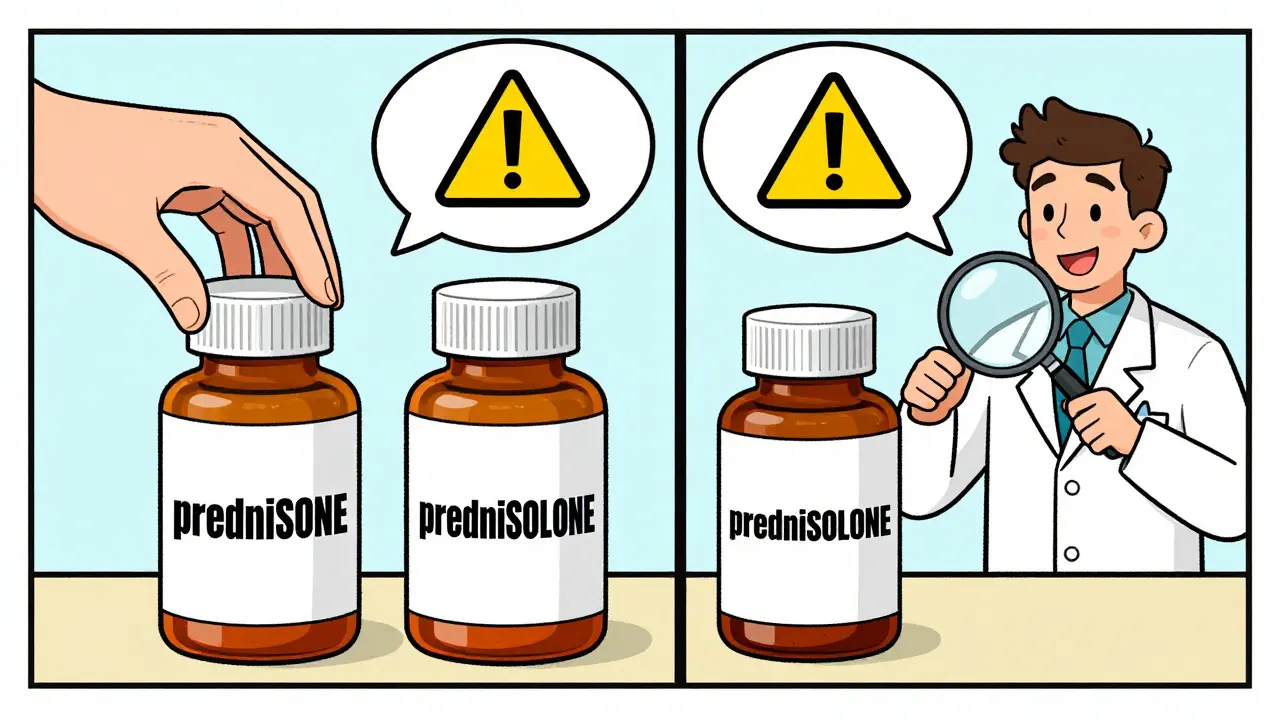 Person hesitating between two similarly named pills with highlighted text differences.