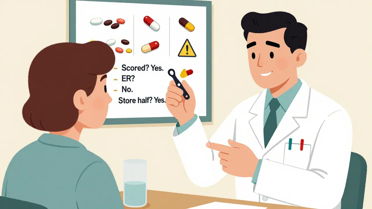Pharmacist demonstrating safe pill-splitting with a checklist and visual guide showing safe and unsafe medications.