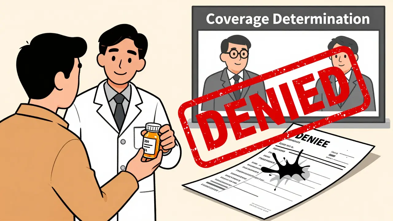 Pharmacist giving small pill bottle vs. giant 'DENIED' stamp crushing prescription
