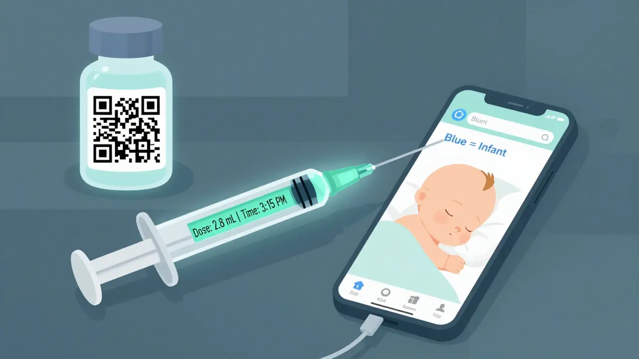 Smart syringe with digital display measuring medicine for a sleeping baby, connected to a phone app.
