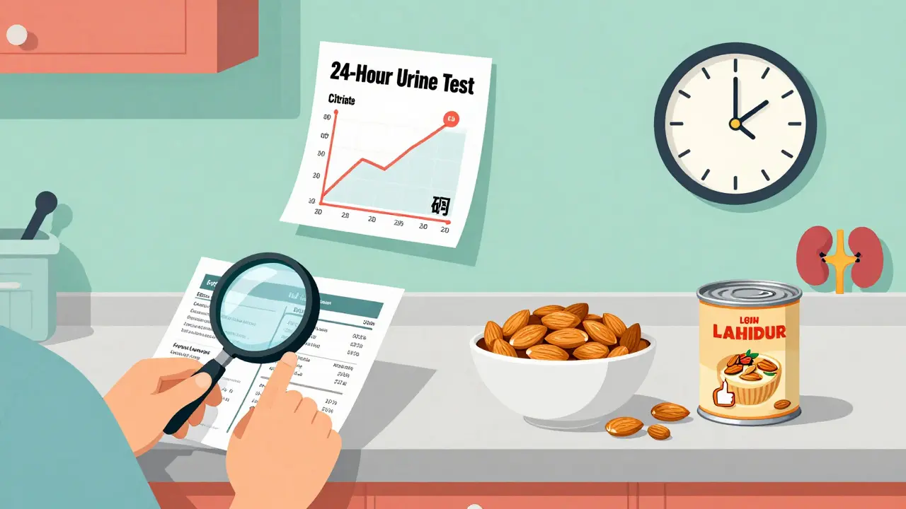 Someone reading a food label in the kitchen, with healthy swaps and a urine test chart.