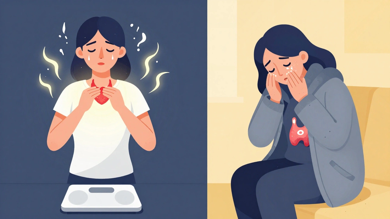 Split illustration: one side shows overheating and weight loss, the other shows shivering and fatigue from thyroid dysfunction.