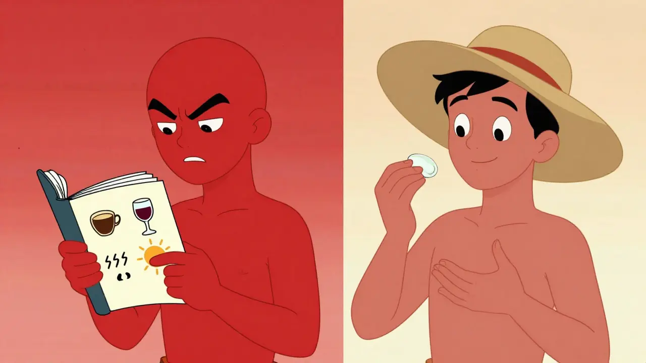 Split image: rosacea flare-up vs. improved skin with trigger diary and sunscreen