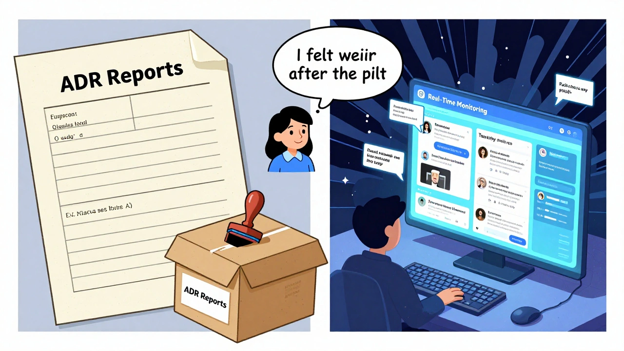 Split scene: paper drug report form vs digital social media storm with patient floating between