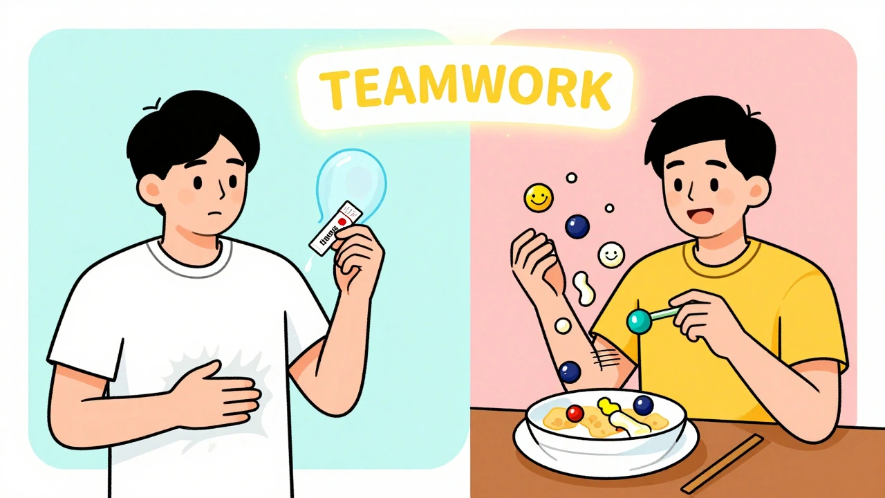 Split scene showing simethicone relief and Beano prevention, with a teamwork banner in UPA cartoon style.