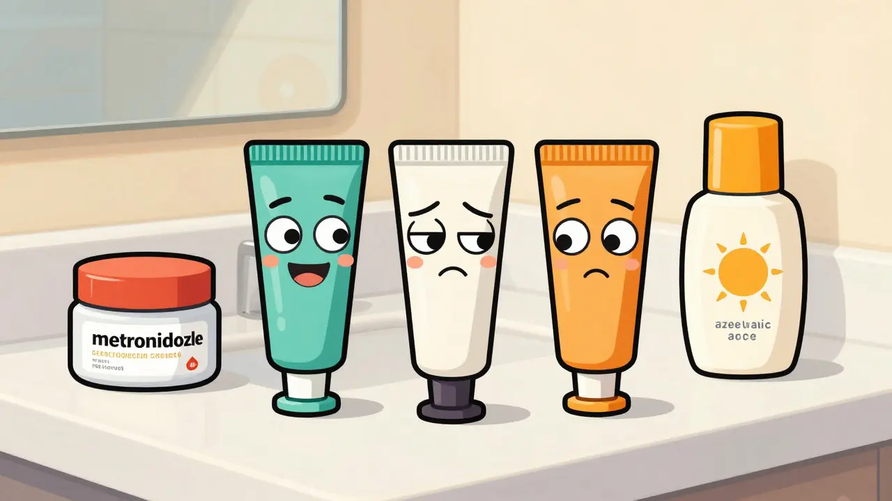 Three topical rosacea treatments with cartoon faces on counter beside moisturizer and sunscreen