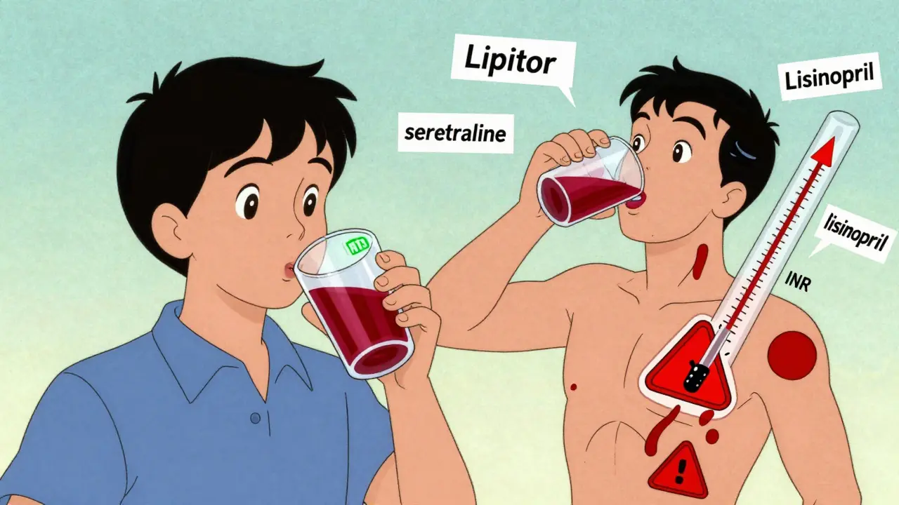 Two people react differently to pomegranate juice—one safe, one with warning signs of bleeding and high INR, surrounded by medication labels.