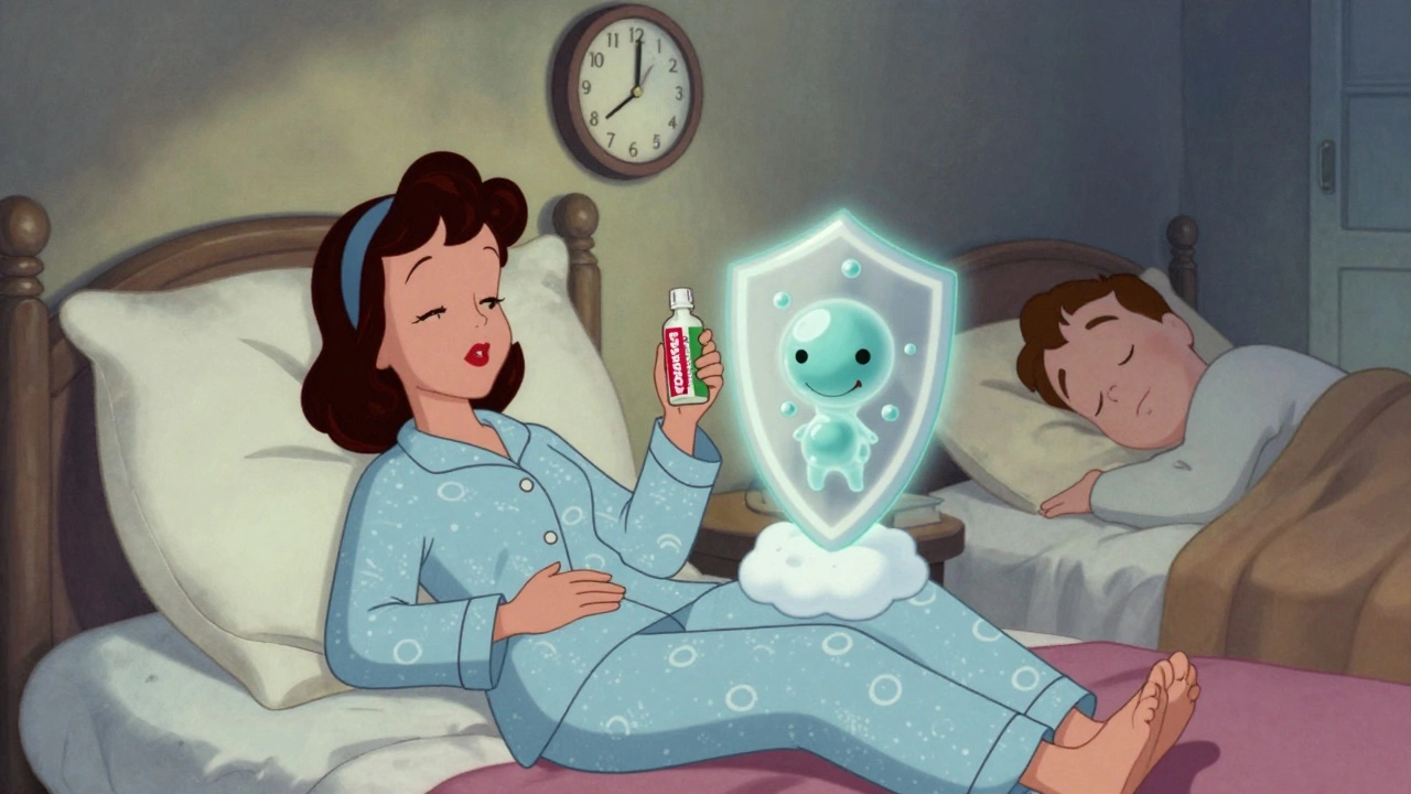 Woman using wedge pillow and Gaviscon to block nighttime heartburn, with a protective foam barrier.