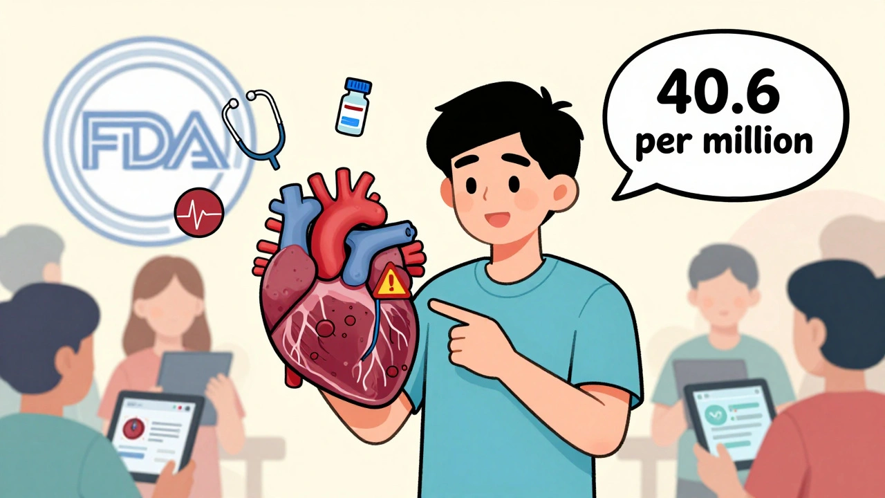 Young man with warning heart after vaccine, floating medical icons around