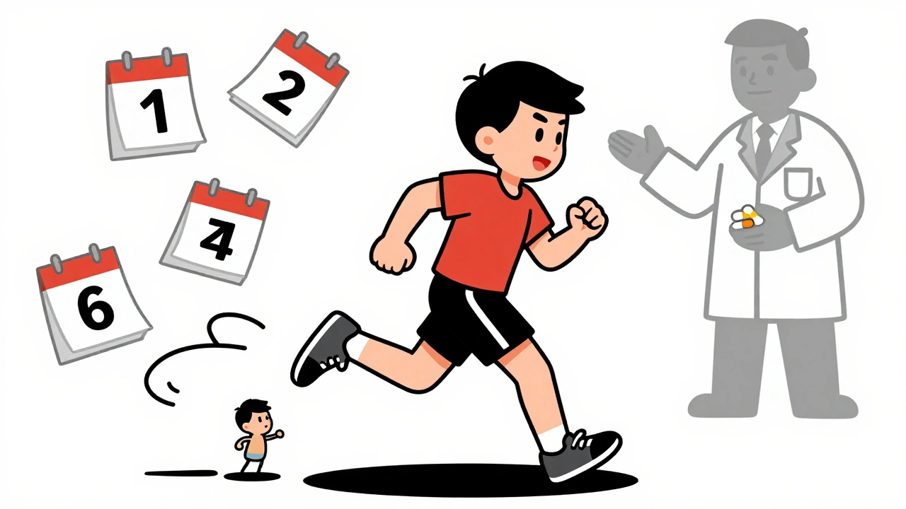 Young runner clutching her heel as a tendon snaps behind her, calendar pages show days passing in UPA style.