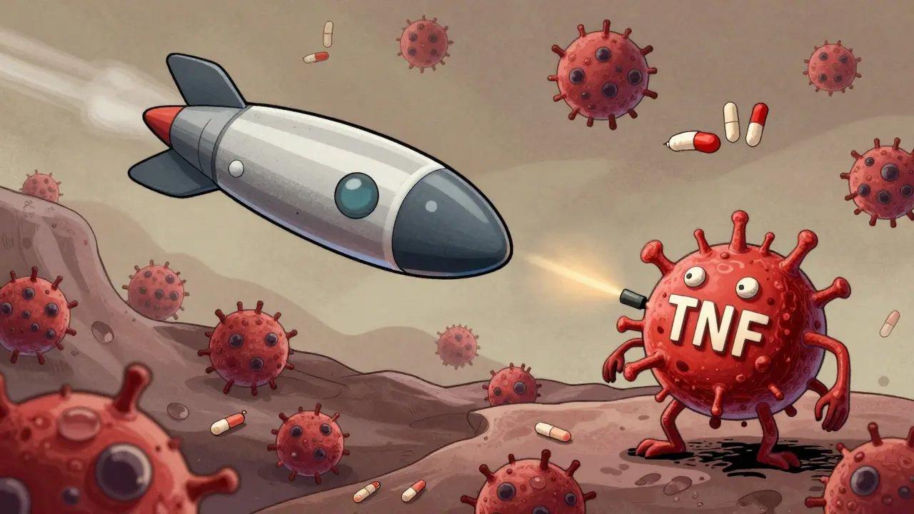 A biologic missile targets an inflammation monster while methotrexate pills form a supportive trail.