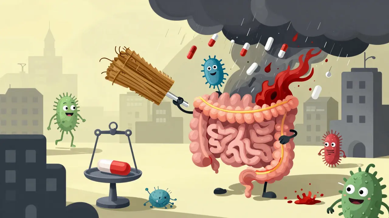 A gut city with friendly bacteria being washed away by antibiotics, causing a warfarin scale to tip dangerously.