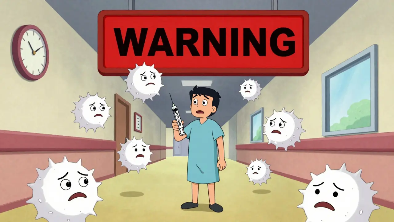 A patient holding a clozapine syringe surrounded by worried white blood cells, with a warning sign and a bright window in the background.
