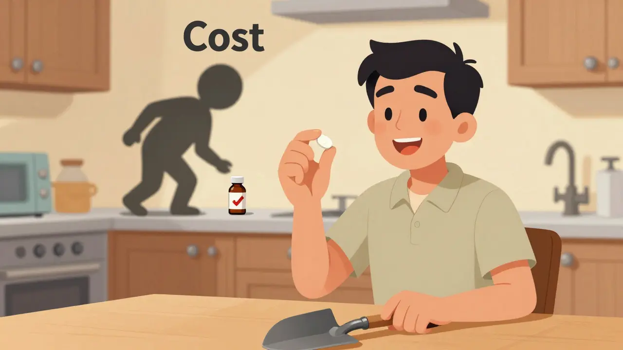 A patient smiles holding a pill and gardening tool, with cost shrinking away in the background.