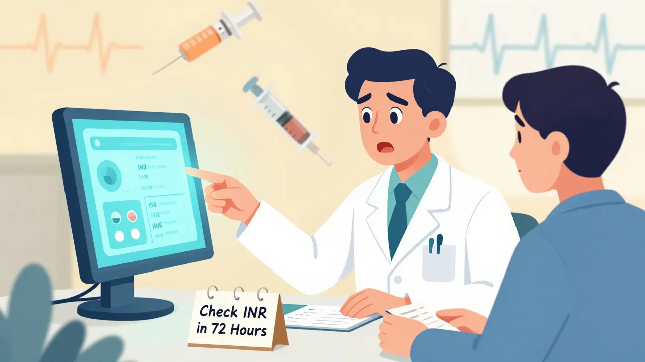 A pharmacist alerts a doctor about a warfarin-antibiotic interaction, with a patient holding an INR logbook.
