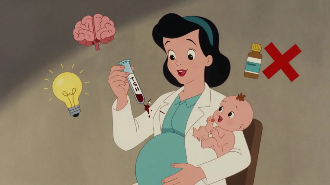 A pregnant woman with a fragile test tube and floating medical icons, TSH warning in background.