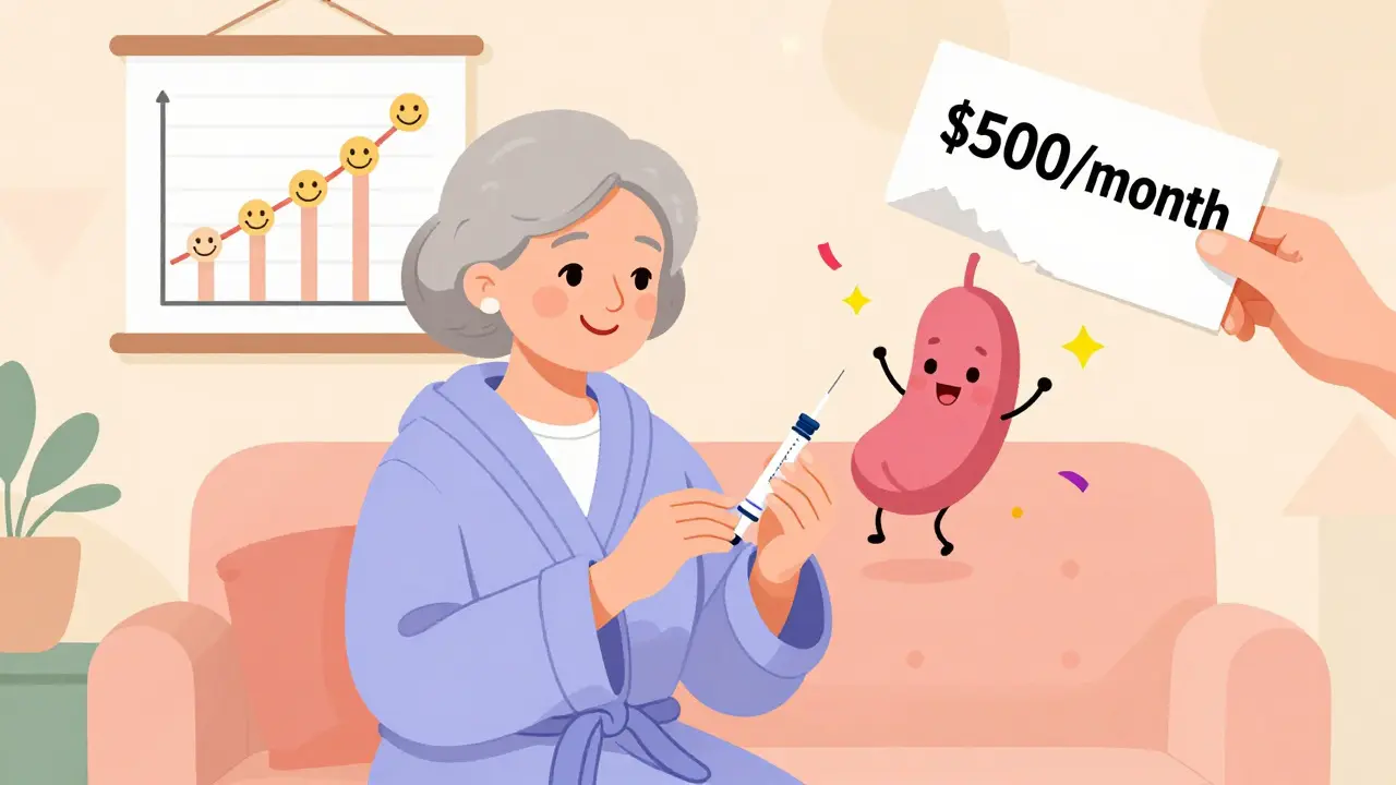 An elderly woman giving herself a PAMORA injection while her gut dances happily, with cost and assistance symbols nearby.