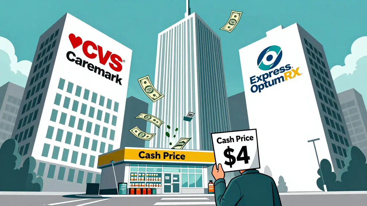 Corporate PBM giants tower over small pharmacy as money flows away from them.