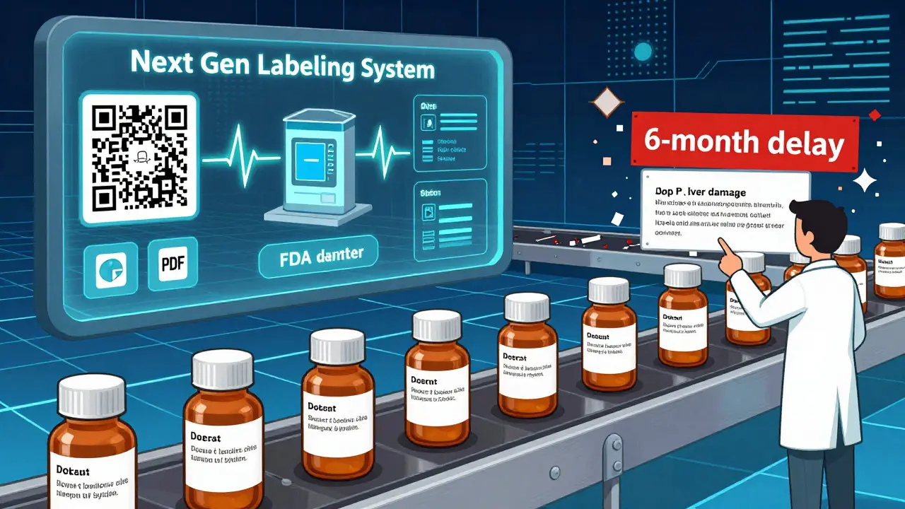 Digital dashboard syncing generic drug labels in real-time with FDA database in UPA style