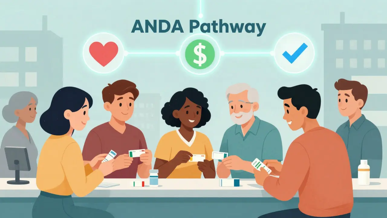 Diverse patients picking up prescriptions with icons of health, savings, and safety above them