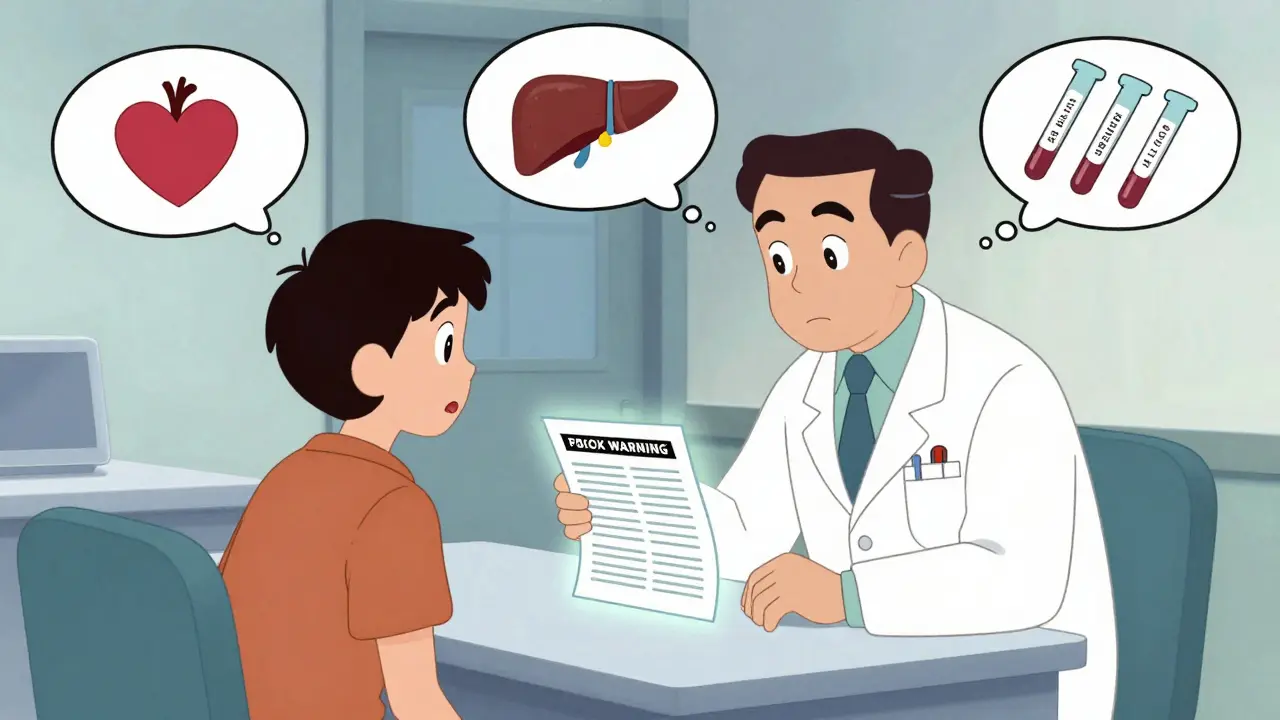 Doctor and patient discussing a black box warning on a pamphlet, with medical risk symbols floating around them.