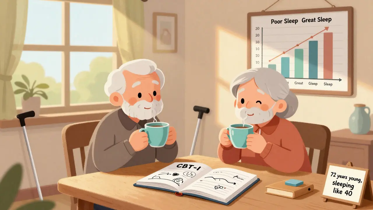 Elderly couple enjoying morning tea with CBT-I workbook, no medications visible.