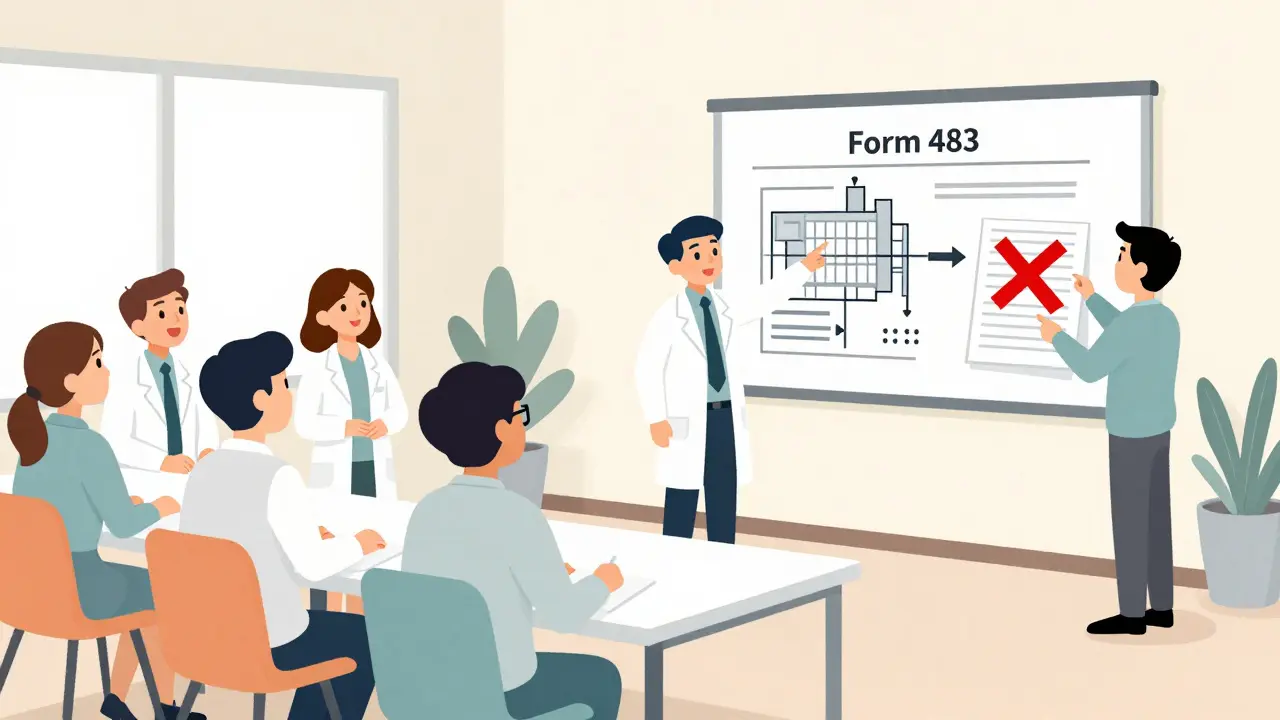 Employees practicing mock FDA inspection with a large Form 483 and facility diagram.