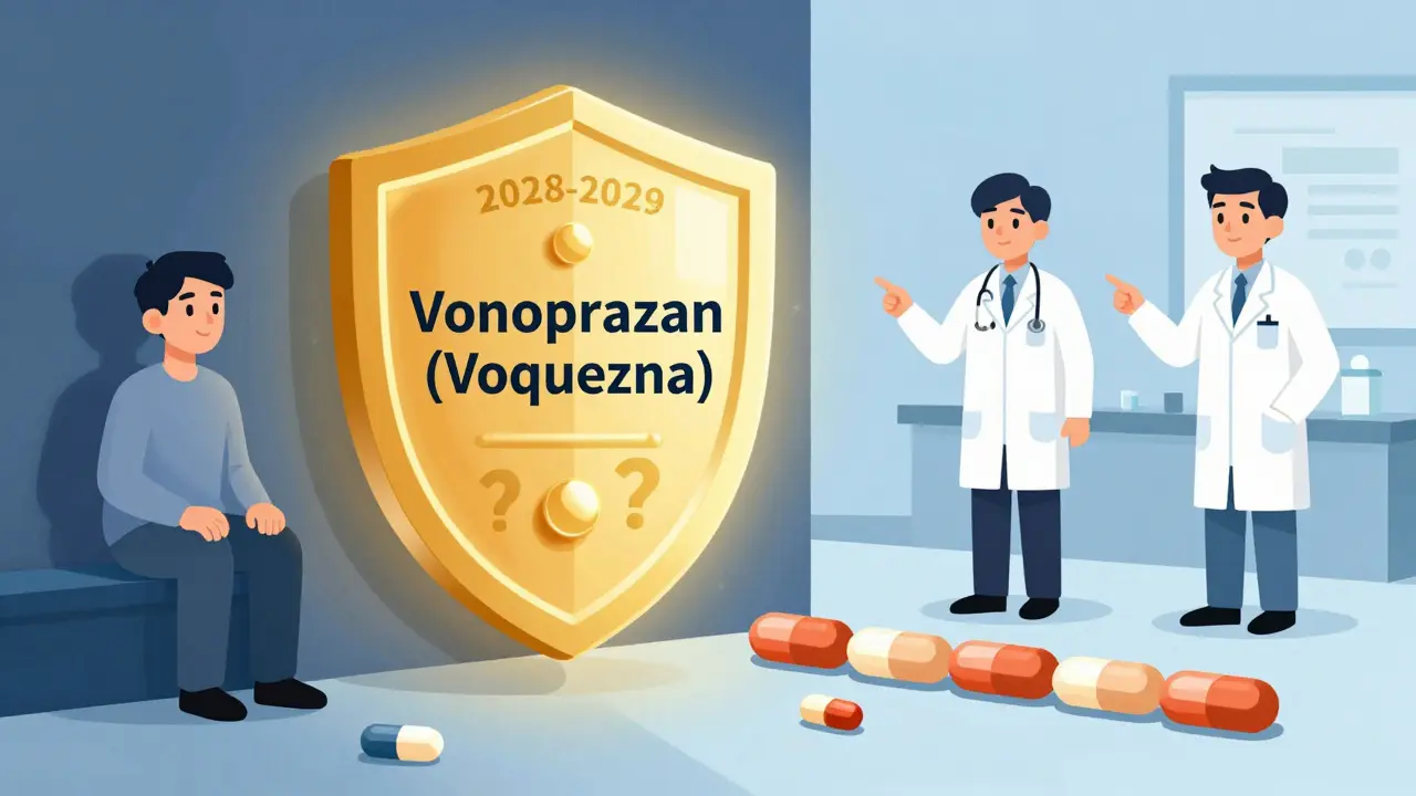 Glowing vonoprazan pill under patent shield as generic alternatives wait in shadow.