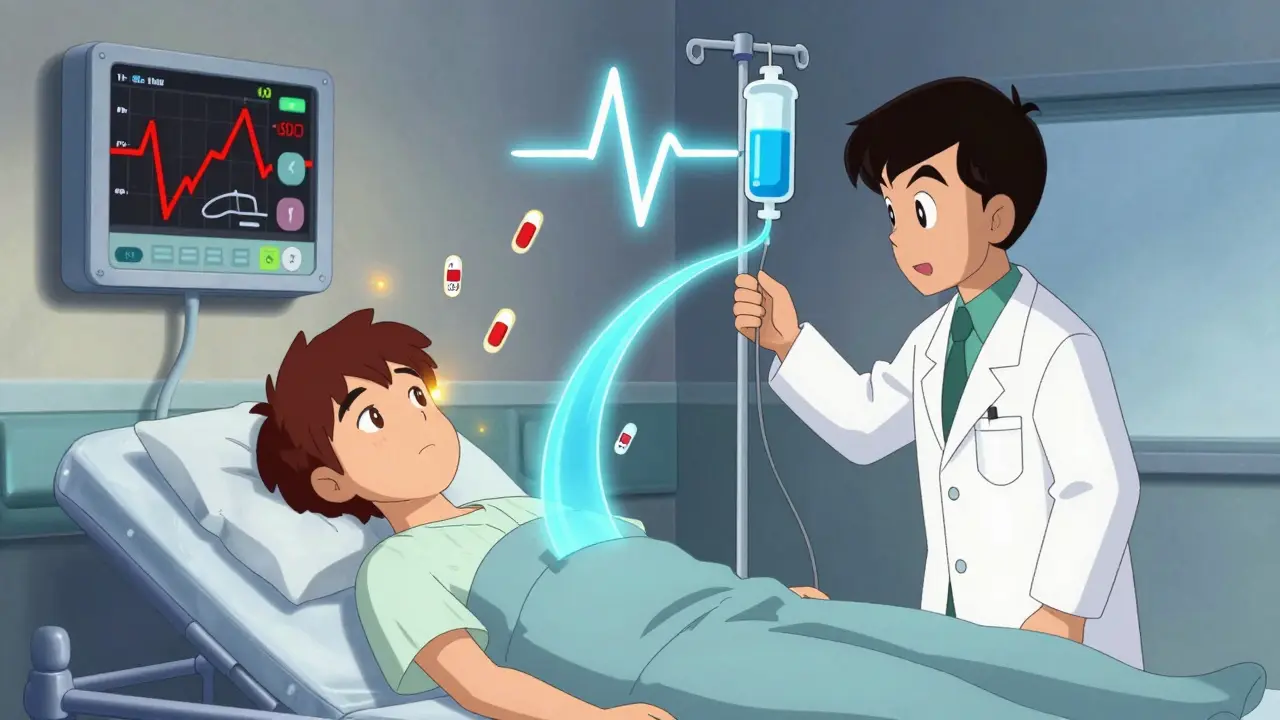 Hospital scene with IV esmolol slowing a racing heart icon in UPA cartoon style.