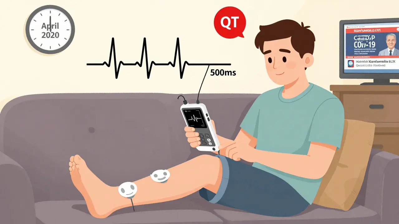 Man using KardiaMobile 6L device with animated QT alarm rising, April 2020 TV news in background.