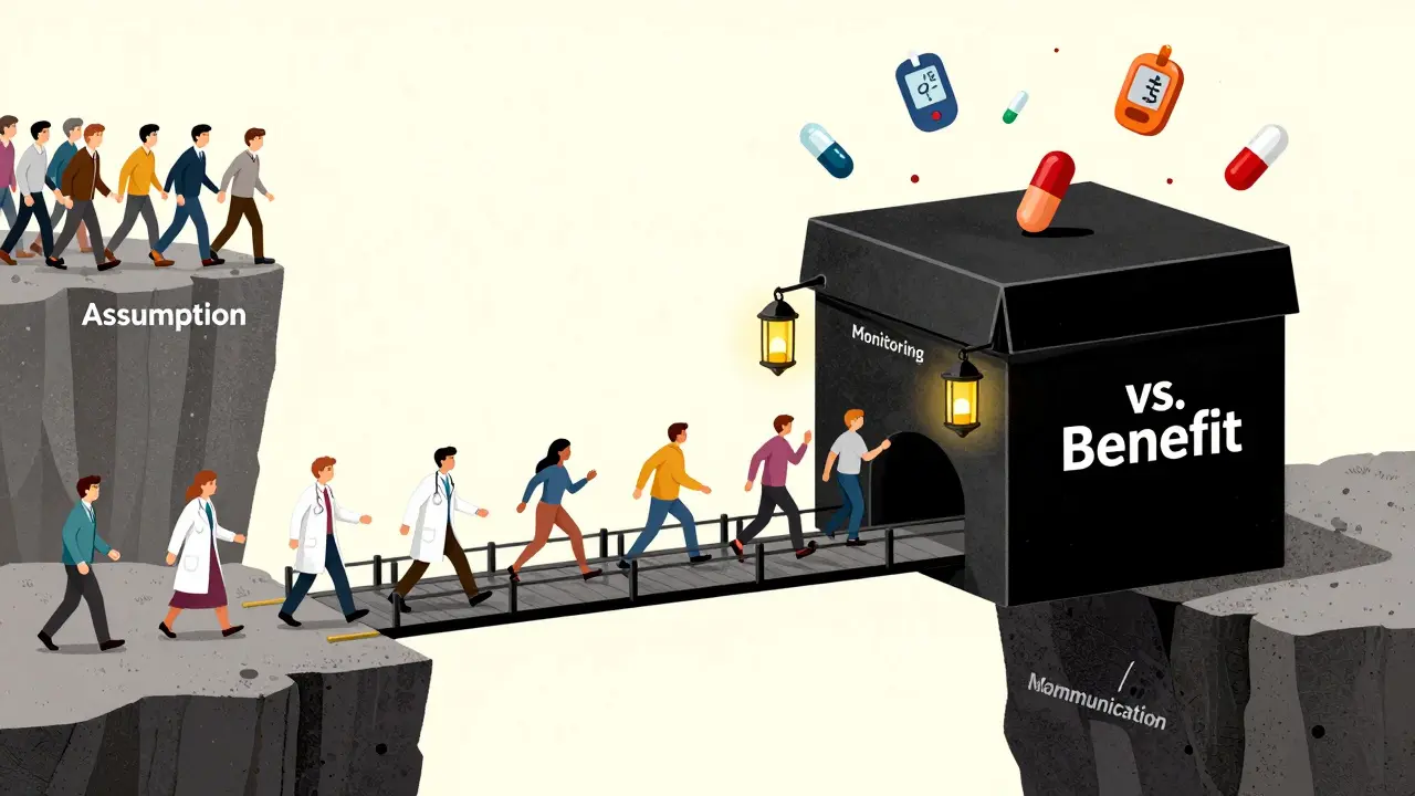 Patients crossing a black box bridge over a risk chasm, guided by healthcare icons, while others fall into assumption.