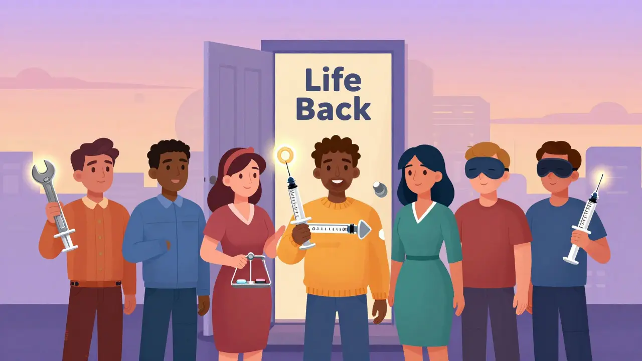 People holding pills that turn into tools, with a glowing injection syringe unlocking a door labeled 'Life Back.'