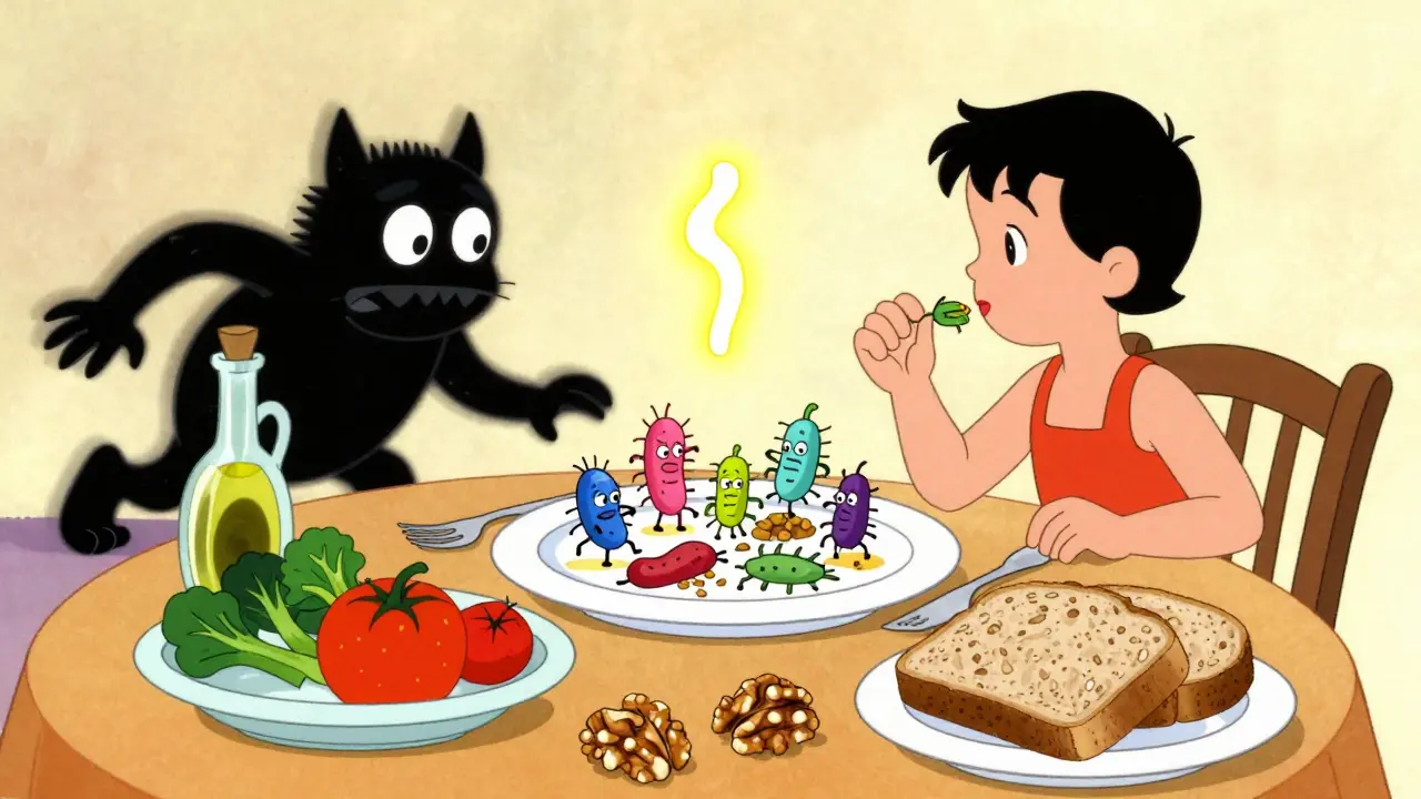 Person eating Mediterranean meal with friendly gut bacteria and sugar villain being removed.