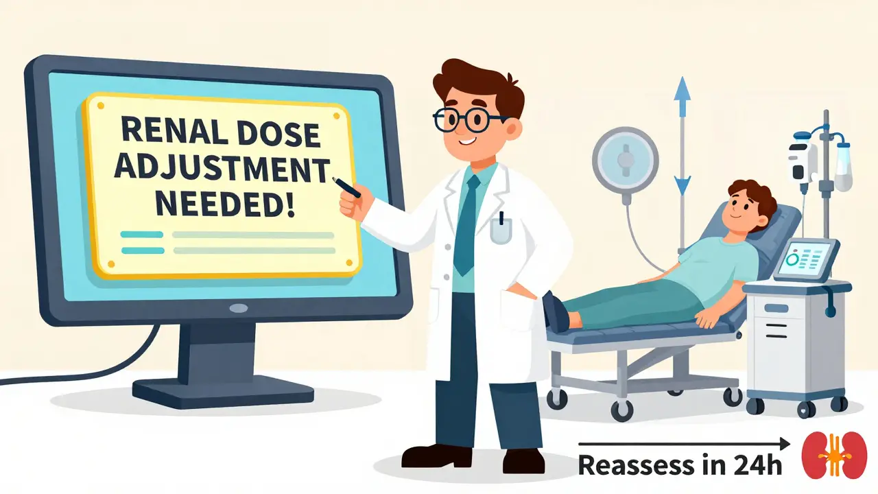 Pharmacist and clinician reacting to EHR alert while patient receives loading dose before dialysis.