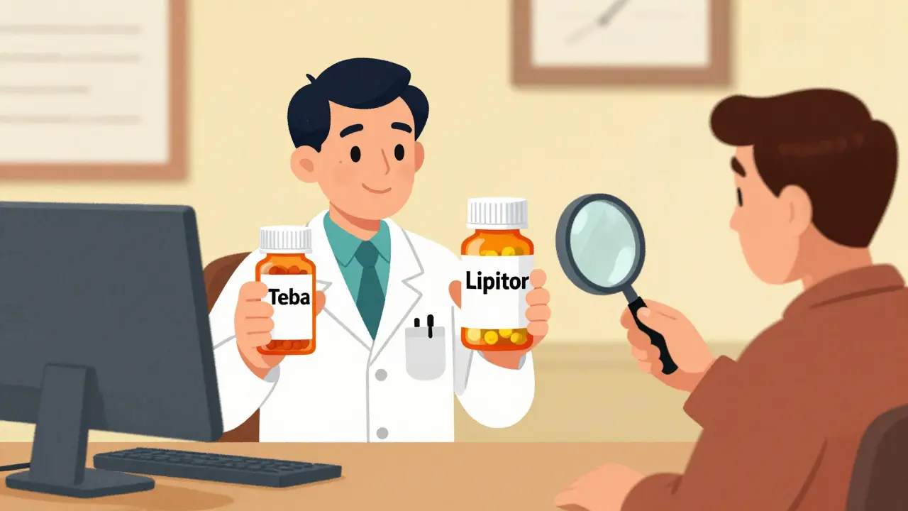Pharmacist comparing two pill bottles, patient checking manufacturer label.