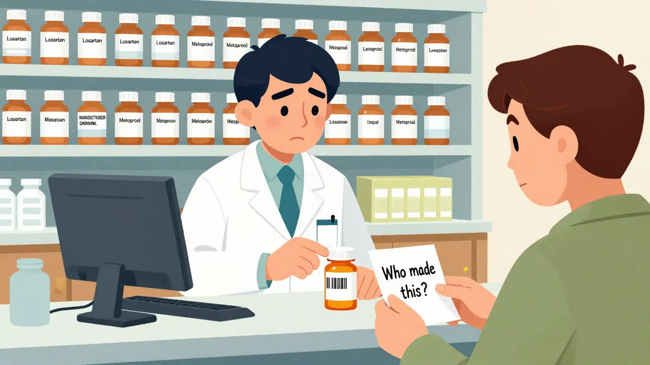 Pharmacist unable to scan manufacturer info from a generic drug bottle at the pharmacy counter.