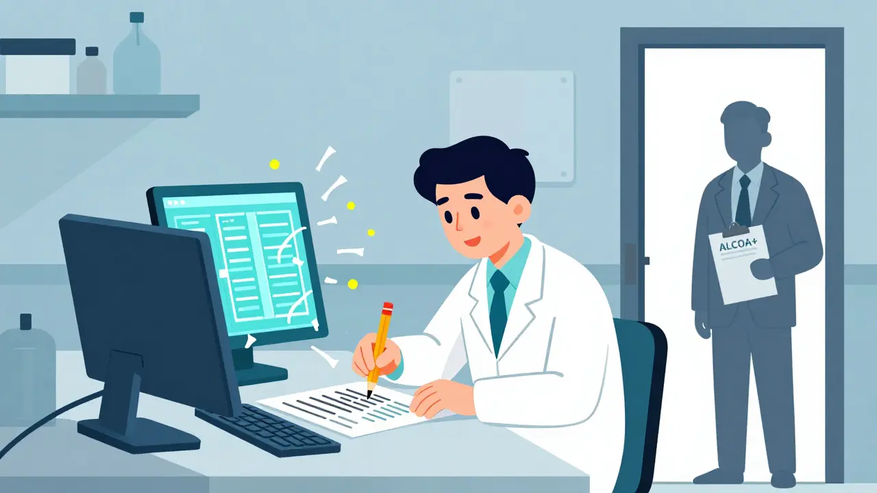 Scientist erasing data on laminated sheet while audit trail shuts off, shadowy figure watches with clipboard.