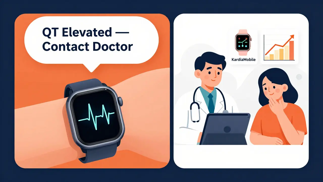 Smartwatch alerts user to elevated QT with AI message, doctor reviewing data, 2026 adoption icons.