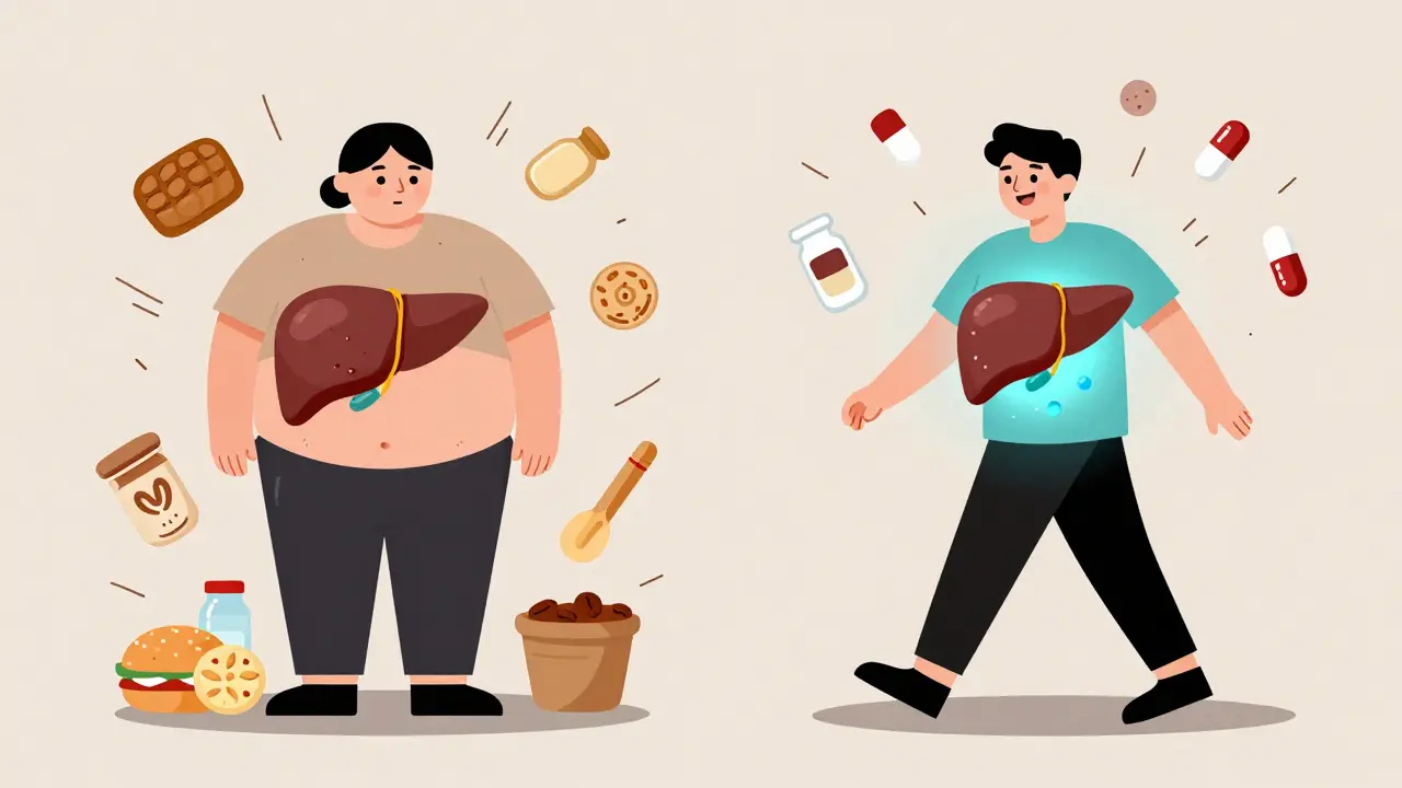 Split illustration of weight loss journey: unhealthy to healthy liver transformation.